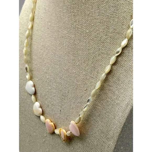 Vintage Heart-Shaped Shell Necklace With Mother Of Pearl Beads - Picture 3 of 12